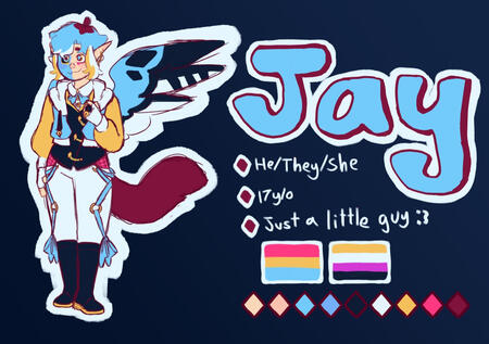 An image drawn by Jay of their online persona. Their sona has blue jay wings, a cat tail, elf-like ears, blue and white dyed hair, and half of their face is made out of a blue crystal. Their color palette is mainly made up of blues, yellows, and pinks.